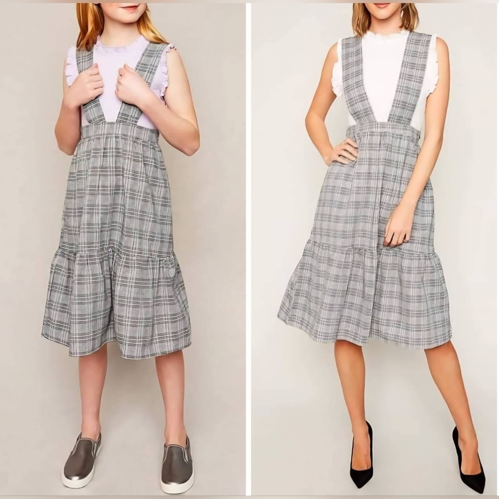 NWT Women's Ruffle Hem Plaid Overall Dress by Hayden In Grey